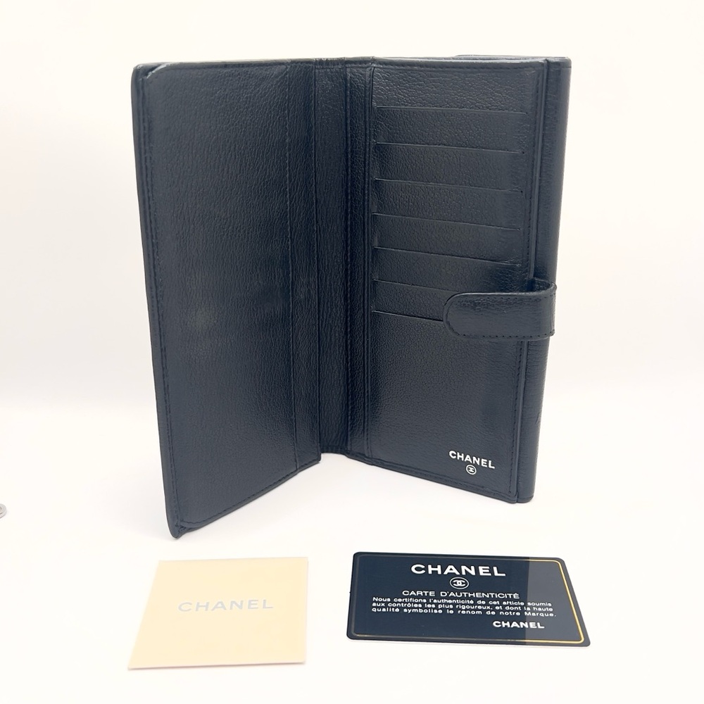Authentic CHANEL CC Black Camellia Calfskin Leather Long Wallet W/ Serial Card - Picture 9 of 12